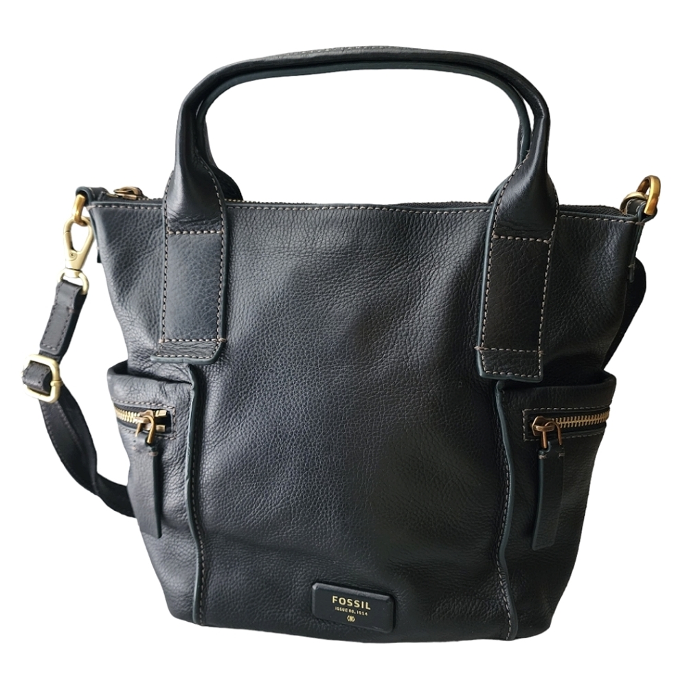 Fossil Emerson Black Leather Satchel Bag With Adjustable Shoulder Strap